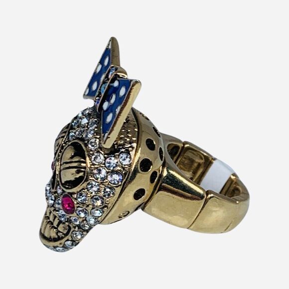 Betsey Johnson Sugar Skull Ring Sz 7 Crystal Stretch Ivy League Polka Dot - Picture 9 of 14